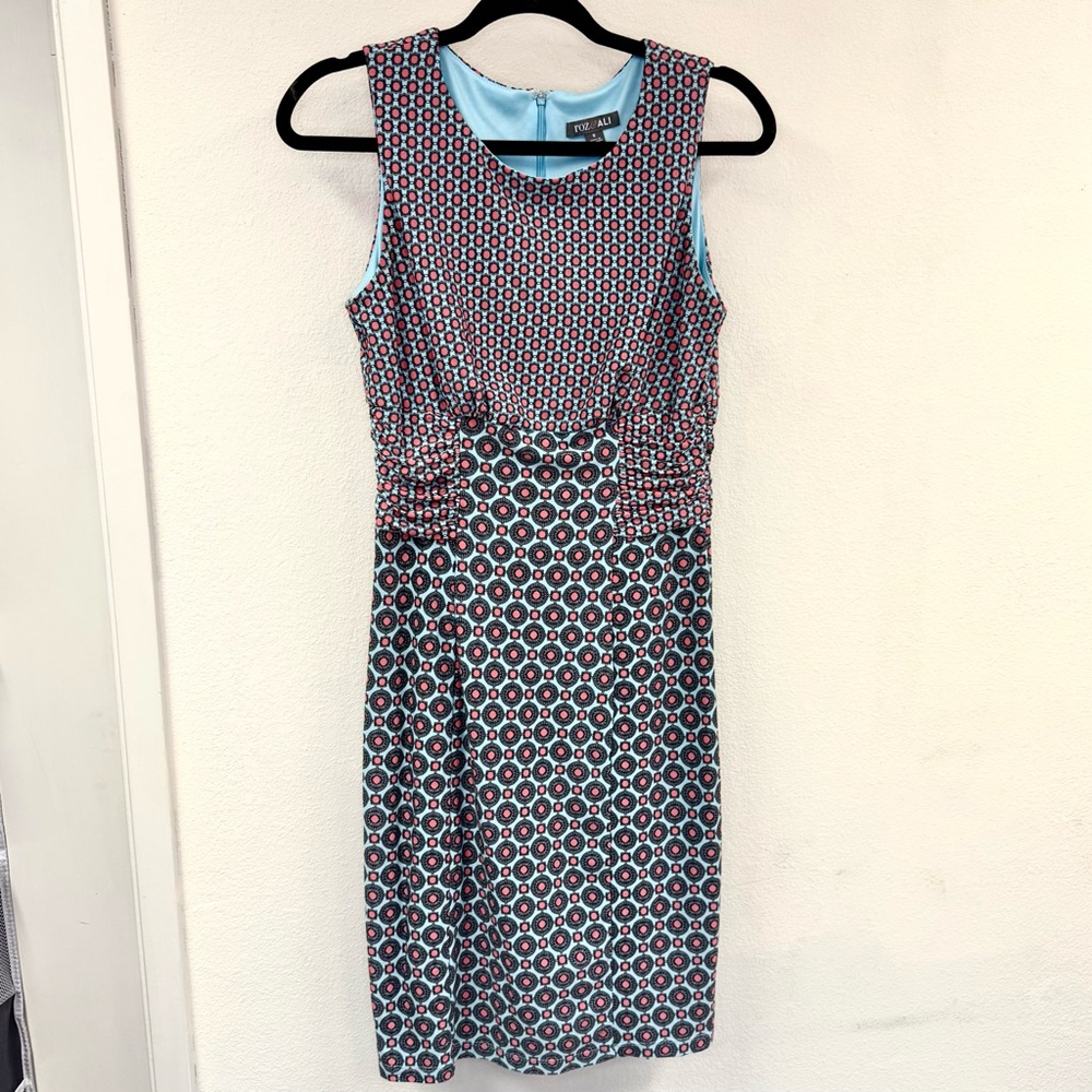 Roz & Ali adorable sleeveless pink & blue pencil dress with ruching, size 6